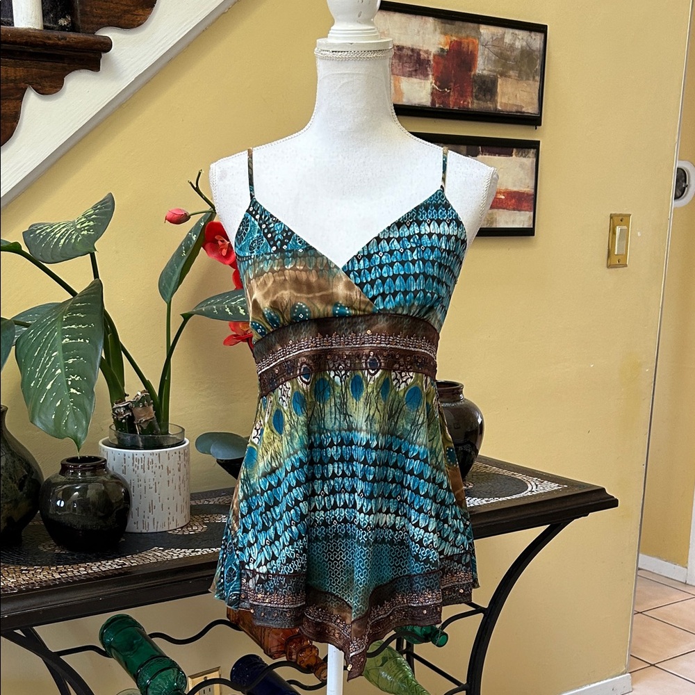 Boho Hippie Vtg Y2K V Neck Teal Brown Peacock Pattern Baby Doll Tank Camisole Lg